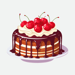 Vector colorful sweet cake isolated on white or transparent background. Cute birthday cake decorated with cream topping, fruit.
