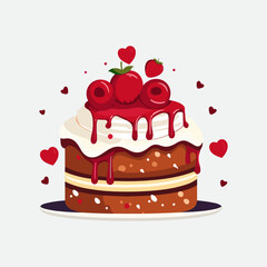 Vector colorful sweet cake isolated on white or transparent background. Cute birthday cake decorated with cream topping, fruit.