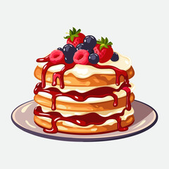 Vector colorful sweet cake isolated on white or transparent background. Cute birthday cake decorated with cream topping, fruit.