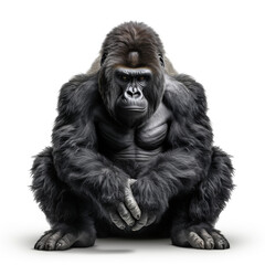 gorilla sitting and thinking on a white background