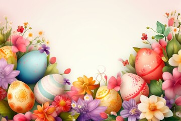 Obraz na płótnie Canvas Colorful Easter banner with decorated eggs and spring flowers for a joyous Easter celebration. Generative AI