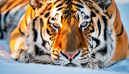 Obraz premium Tigre siberiano descansando en la nieve.