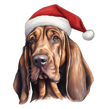 Bloodhound dog wearing santa claus hat, isolated on transparent background