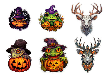 Set up sticker of frogs, lizards and deers on transparent background, halloween, witch, pumpkin, cat, holiday, magic, wizard, animal, costume, horror, black, bat, fashion, autumn. Generative AI.