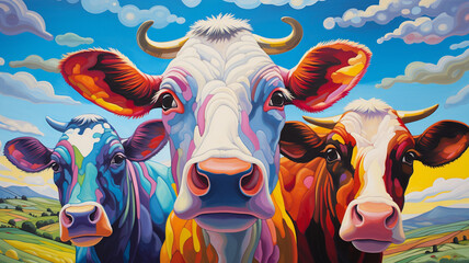 pop art painting of three cows looking