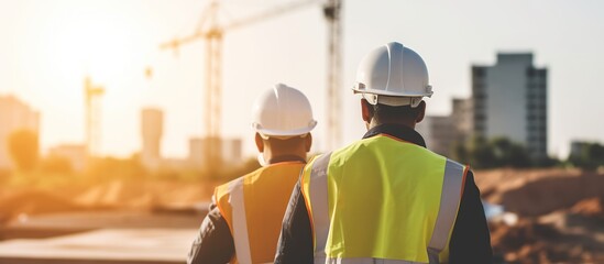 Construction engineers Monitor progress and supervise construction work at construction sites. - obrazy, fototapety, plakaty