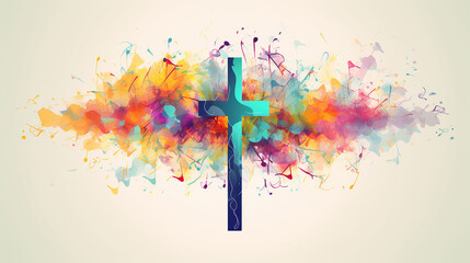 Cruz cristã vibrante colorida com pauta de notas musicais isolada. Ilustração vetorial - obrazy, fototapety, plakaty