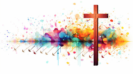 Cruz cristã vibrante colorida com pauta de notas musicais isolada. Ilustração vetorial
