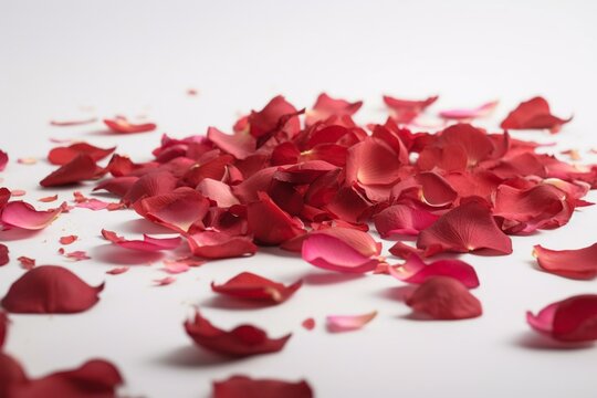 A White Background With Numerous Red Petals Scattered On It. Generative AI