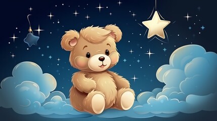 Obraz na płótnie Canvas Charming Children's Illustration: Teddy Bear on a Cloud Amidst a Starry Night Sky - Perfect for Children's Posters, Books, Postcards, and Wallpapers