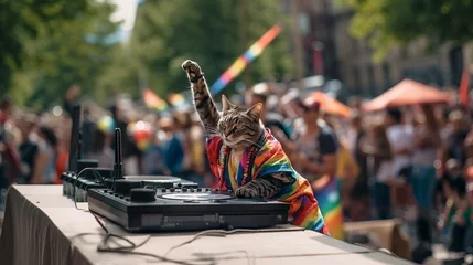 Foto op Canvas cat djing in front of many people © takkan