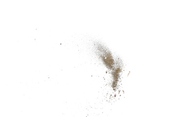 Yellow sand fly wave in the air. Golden sand explosion isolated on black background. Abstract sand...