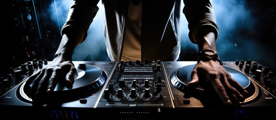 young man dj playing at nightclub party lifestyle - obrazy, fototapety, plakaty