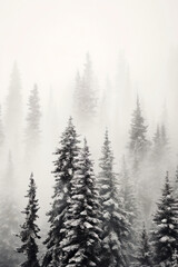Obraz premium Pine trees in the fog - dark forest with dramatic light - generative AI
