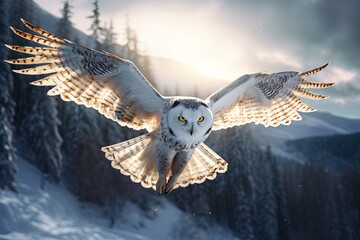 A flying snow owl, beautiful winter, Nordic nature
