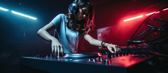 young beautiful woman dj playing at nightclub party lifestyle