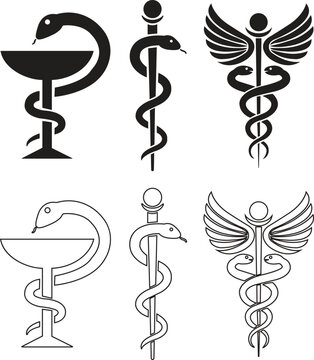 Caduceus Medical snake icon in flat, line set. isolated on transparent background. symbol Medical goblet and Snake Square Black Reptiles Silhouettes. Abstract sign snake. Vector for apps and website