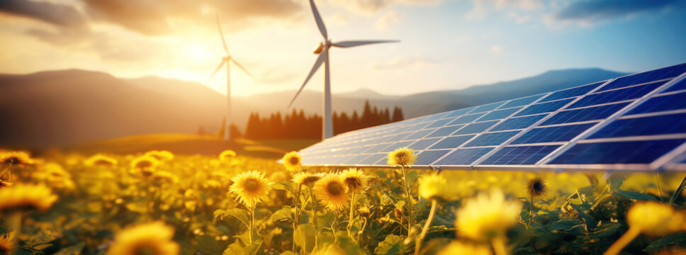 Power windmill and solar panels standing on the field on sunlight.