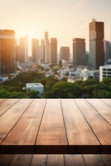 image of a wooden table on an abstract blurred background. texture of the city landscape. place for text. dawn or dusk.