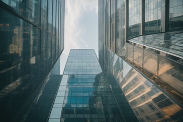 Reflective skyscrapers, business office buildings. Low angle photography of glass curtain wall details of high-rise buildings.The window glass reflects the blue sky and white clouds - obrazy, fototapety, plakaty
