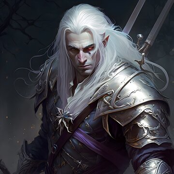 young male drow elf long white hair nothing on face leather armor holding a sword made of crystal 
