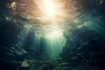 Mystical underwater abyss with dark ocean waves, stormy mysteries, and ethereal sun rays illuminating deep ocean depths. Generative AI - obrazy, fototapety, plakaty