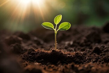 Seedling emerging from fertile soil in a sustainable landscape. Generative AI