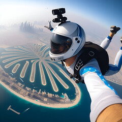 Dubai Skydiver's Incredible Selfie Moment: Stock Image - obrazy, fototapety, plakaty