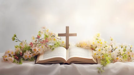 Fotobehang Bíblia Sagrada, cruz e flores sobre fundo claro com espaço para texto © Alexandre