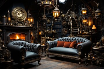 Steampunk living room with industrial Victorian - era aesthetics and vintage machinery