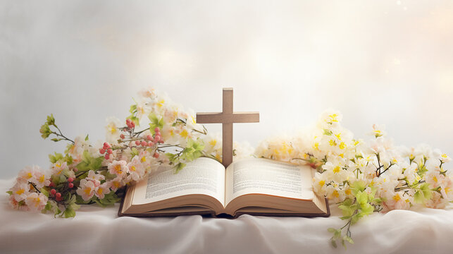 Bíblia Sagrada, cruz e flores sobre fundo claro com espaço para texto