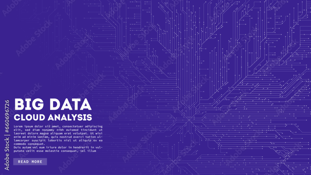 Poster Big Data cloud computing. Blockchain visualiztion. Cirquit board abstract pattern