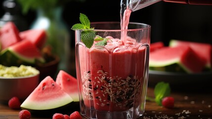 hand pouring healthy watermelon smoothie from blender jar into glass on wooden table - obrazy, fototapety, plakaty