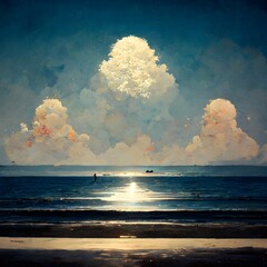 two men lying side by side in love on the beach rising sun with a large magnificent ocean light exposed on the two men warm ambient lots of white blue cloud 