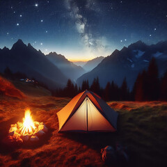 Night camp with a tent and campfire, on a starry night and a moon. Mountains in the background. Camping illustration. Tent illustration.	 - obrazy, fototapety, plakaty