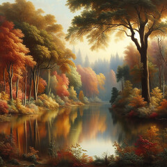 A serene autumn landscape with a reflective lake surrounded by trees with colorful fall foliage, in the style of the Hudson River School, capturing the romantic essence and fine details. - obrazy, fototapety, plakaty