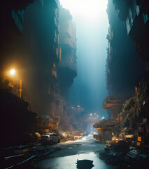 A subterranean city carved beneath the earth’s surface, featuring sprawling tunnels and illuminated chambers. Bioluminescent plants and advanced artificial lighting create an otherworldly ambiance