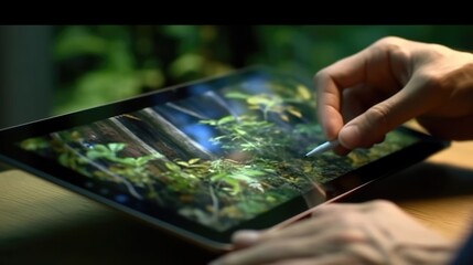 hand pressing on AI digital tablet screen, advanced technology display