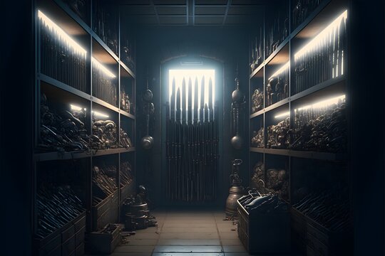 weapons armory vast collection weapons cache room filled with guns and swords atmospheric horror dramatic lighting cinema still movie real hyper realistic octane render 4k 