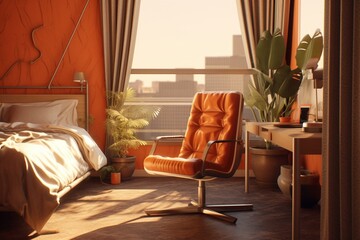 A furnished room with a bed, chair, table, picture, and plant. Generative AI