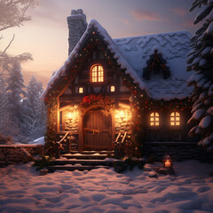 Cozy Snow-Covered Cabin in the Woods | Christmas | 25 dec | Christmas day - obrazy, fototapety, plakaty
