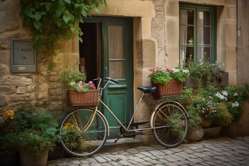 Fototapeta na wymiar A bike with a front basket full of flowers beside a stone building featuring a green door and side window. Generative AI