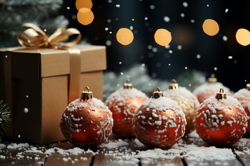 Fototapeta na wymiar Christmas gift box and New Year toys on the Christmas tree