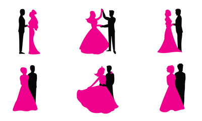 Fototapeta na wymiar bride and groom (pink and black) silhouettes