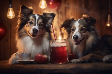 Two adorable canines enjoy beverages together in a cozy establishment. Generative AI