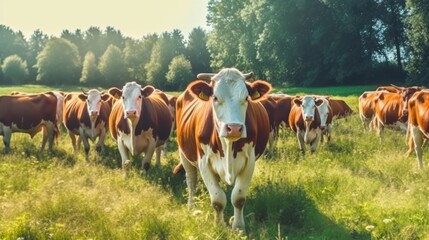 Herd of cows on green grass field in summer