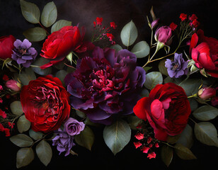 Purple and Red Floral Roses on Black Backgroound with copy space for invitations