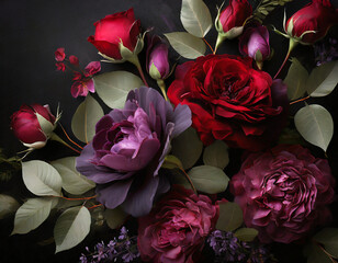 Purple and Red Floral Roses on Black Backgroound with copy space for invitations
