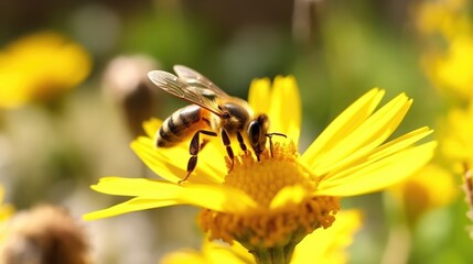 Honey bee perched on a yellow flower. with a blurred background