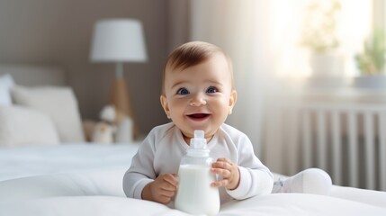 Adorable Smiling Baby Holds Milk Feeding Bottle - Joyful Infant Enjoying Milk Formula for Babies